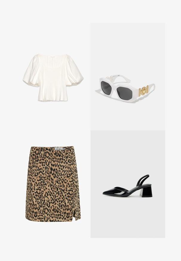 Blusa blanca recortada con escote cuadrado, mangas cortas abullonadas, detalles de costura vertical y una tela suave y ligera.; Minifalda de estampado de leopardo hecha de tejido suave, con una base beige y manchas negras, abertura lateral y un cierre de cremallera trasero discreto.; Zapatos de tacón slingback de charol negro con punta afilada y tacón geométrico en bloque. Presentan un diseño elegante y minimalista, así como una textura suave.; Gafas de sol blancas en forma octagonal con lentes oscuros. Presentan acentos de hardware dorado y un diseño texturizado en las varillas.