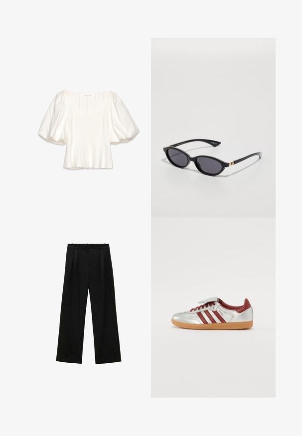 White cropped blouse with a square neckline, short puffed sleeves, vertical seam details, and a smooth, lightweight fabric.; Black wide-leg trousers with pleats, featuring a smooth texture and a high waist design. Minimalist style, no visible hardware or embellishments.; Silver athletic shoes with red stripes, a textured gum sole, and a Velcro strap on top. Features a smooth leather finish and padded collar.; Black sunglasses with oval lenses, dark gradient tint, and slim arms featuring subtle gold accents. Smooth plastic finish.; Black leather shoulder bag with a smooth texture, curved shape, and adjustable handle. Features minimal stitching and a simple design.