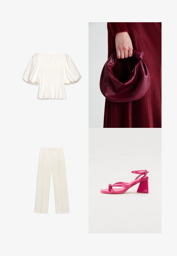 Valkoinen lyhyt cropped-paita, jossa on neliönmuotoinen pääntie, lyhyet puffihihat, pystysaumadetaljit ja sileä, kevyt kangas.; Valkoiset leveälahkeiset housut vaaleassa kermassa. Valmistettu sileästä kankaasta, jossa on laskokset edessä ja sivutaskut.; Vaaleanpunaiset kiiltäväpintaiset korkokengät, joissa on neliömäinen kärki, kapeat hihnat ja geometrinen lohkokorko. Hihnassa on solkipainike.; Burgundy-nahkakäsilaukku, jossa on pehmeä, ryppyinen muotoilu ja pyöreä muoto. Kahva on kiinnitetty tukevasti, ja siinä on sileä pinta.
