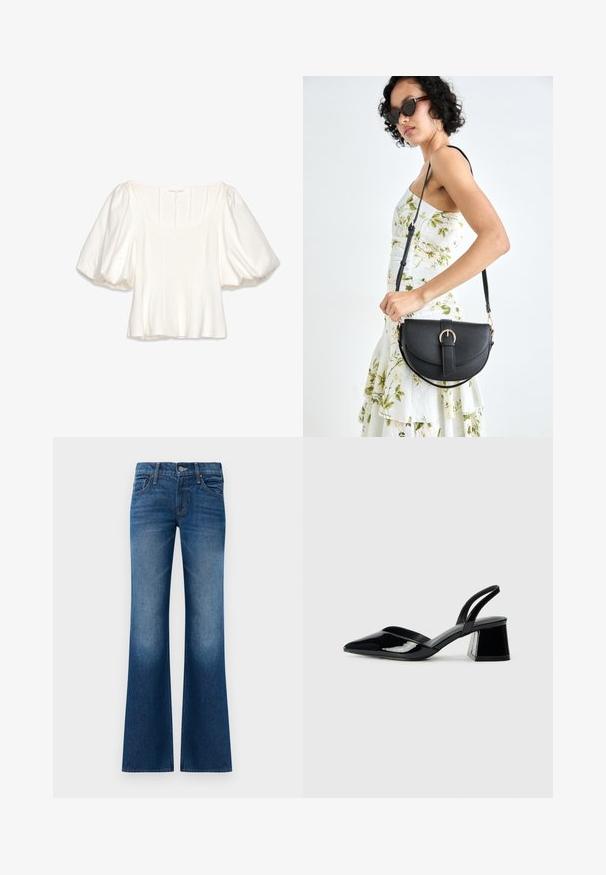 Valge lühikeste puhvärkidega blousee ruudukujulise kaelusega, millel on vertikaalsed õmblusdetailid ja sile, kerge kangas.; Tumedate flared teksad tumesinises denimis, millel on sile tekstuur, viie taskuga disain, esine nupplikinnitus ja õrn kulumine ääres.; Mustad musta lakknahk kingad, millel on terav varvas ja geomeetriline plokkkonts. Omab elegantselt minimalistlikku disaini ja sujuvat tekstuuri.; Mustmust mustraha kõverate joontega, eemaldatava rihmaga ja kuldsete detailidega. Kotil on klapp, millel on pandladetail.