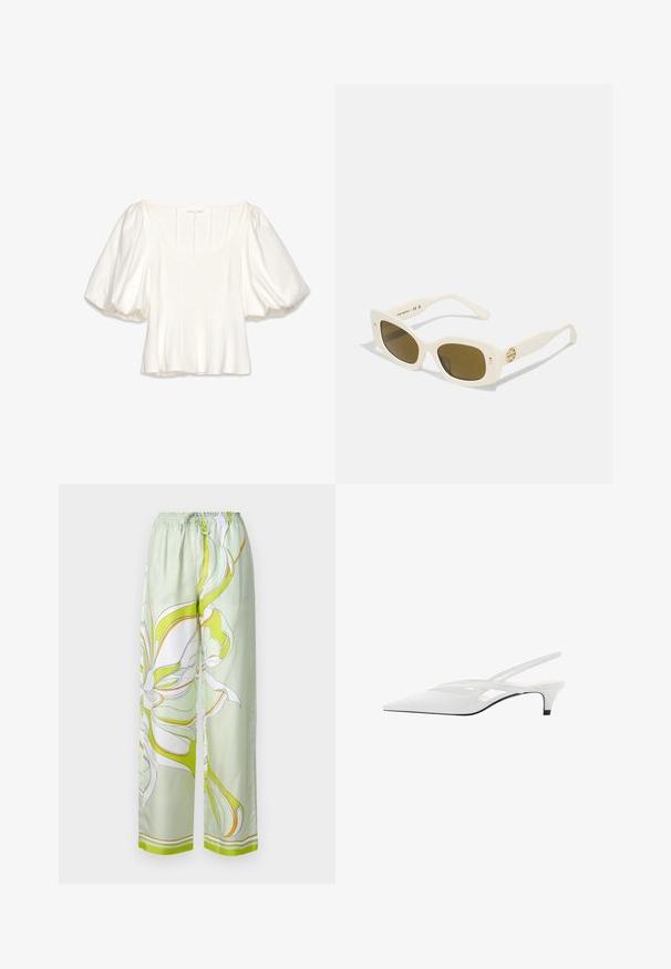 Weiße kurz geschnittene Bluse mit quadratischem Ausschnitt, kurzen puffärmel, vertikalen Nahtdetails und einem glatten, leichten Stoff.; Satin-grüne Hose mit floralem Muster in Weiß und Gelb, elastischem Bund, weitem Bein und glatter Textur.; Weißer Slingback-Absatzschuh mit spitzer Zehenpartie, featuring ein glattes Obermaterial, subtile Ausschnitte und einen niedrigen Blockabsatz. Die schwarze Sohle betont das Design.; Weiße Kunststoffsonnenbrille mit rechteckigem Rahmen, braunen Gläsern und einem goldenen Akzent an den Bügeln. Glatte Textur und modernes Design.; Braune geflochtene Lederhandtasche mit rechteckiger Form, glatter Oberfläche, Reißverschluss und einem Schultergurt. Verfügt über einen seitlichen Henkel und goldene Akzente.