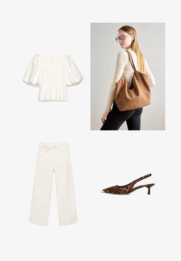 Blusa bianca a maniche corte con scollatura quadrata, maniche a sbuffo, dettagli delle cuciture verticali e un tessuto leggero e liscio.; Pantaloni in denim bianco a gamba larga con design a cinque tasche, chiusura con bottone in metallo e dettagli di cucitura pulita.; Scarpa slingback con stampa leopardata, punta affusolata, accenti neri e un piccolo tacco a blocco, con una punta color oro.; Borsa a tracolla in suede marrone con texture morbida, ampia apertura e lunghe cinghie. Caratterizzata da un design semplice con cuciture visibili e senza accessori.