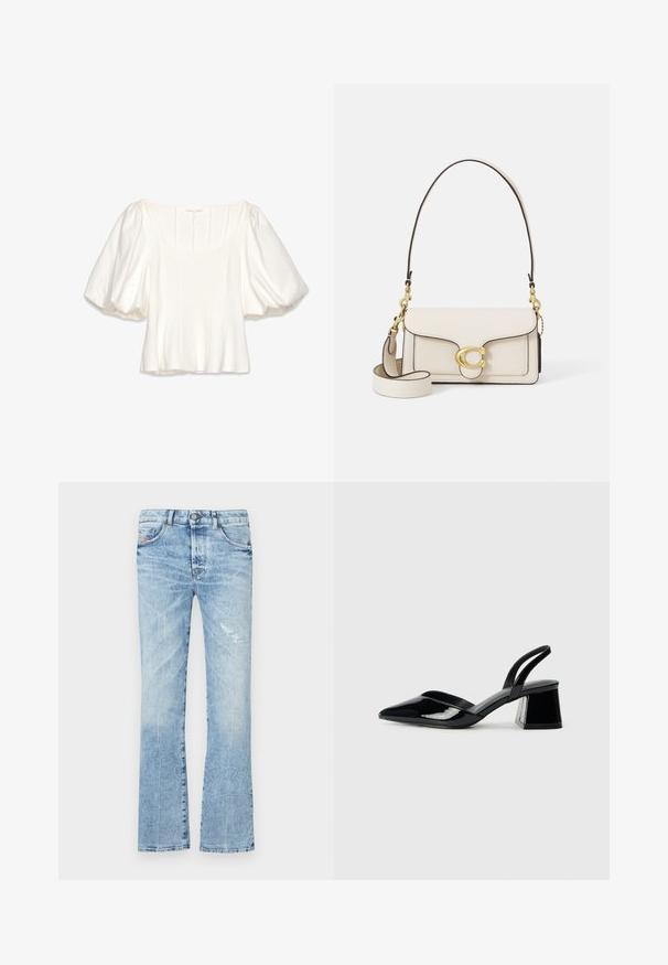 Bela skrajšana bluzica s kvadratnim izrezom, kratkimi naborkastimi rokavi, vertikalnimi šivi in gladkim, lahkim materialom.; Svetlo modri razširjeni kavbojke iz denima. Imajo zbledelo pranje, poškodovan del, pet žepov in gumbasto zapiranje v pasu.; Črne lakirane slingback pete s koničastim nosom in geometrijsko blokasto peto. Imajo eleganten, minimalističen dizajn in gladko teksturo.; Kremasta usnjena torbica s strukturo, kontrastnimi črnimi robovi, z zlatim okovjem in snemljivim trakom, ki ima podpisani logotip.