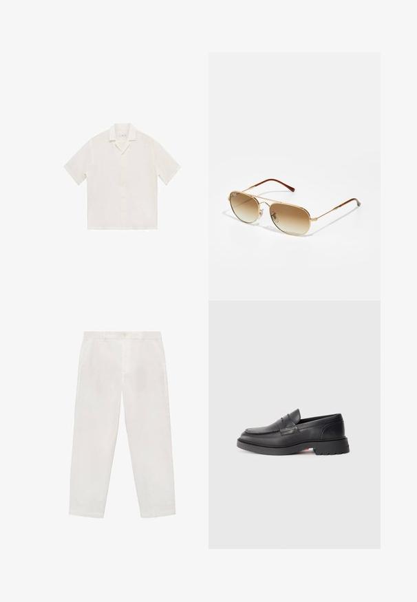 Mango Overhemd - white; Witte katoenen broek met een rechte snit, voorzien van een knoopsluiting, riemlussen en zijzakken. Vloeiende textuur en minimalistisch ontwerp.; Zwarte leren instappers met een ronde neus, een verhoogde naad en een dikke rubbere zool. Eenvoudig ontwerp met minimale branding aan de zijkant.; Gouden piloten zonnebril met een verloop van bruine lenzen, metalen frame en bruine plastic uiteinden van de sombrero. Soepele textuur, minimale hardware details.