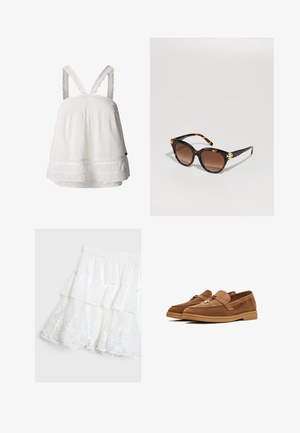 Hvid bomuldsbluse med smock-detaljer, blondekant ved kanten og justerbare volang-stropper. Letvægtsstof, afslappet pasform.; Hvid lagdelt nederdel lavet af letvægtsstof, med en flæse-design og blomsterlacemønster ved kanten. Elastisk talje.; Brune ruskind loafers med flad sål, prydet med en dekorativ sløjfe og diskrete stikninger. Rund tå-design.; Skildpaddedesign solbriller med en sommerfugleform, gradient brune linser og guldfinish på forsiden, der har slanke stænger med en blank overflade.