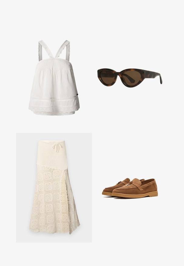 Witte katoenen top met smockdetail, kantafwerking aan de onderrand en verstelbare geruite bandjes. Lichtgewicht stof, ontspannen pasvorm.; Gehaakte rok met een getextureerde romige bovenkant en een ondersection met een ingewikkeld vierkant patroon. Verstelbare strik bij de taille.; Bruine suède instappers met een platte zool, voorzien van een decoratieve strik en subtiele stiksels. Rond ontwerp van de neus.; schildpad kattenoog zonnebril met bruine lenzen, voorzien van gladde, glanzende kunststof monturen en een slank ontwerp. Geen zichtbare logo's of accenten.