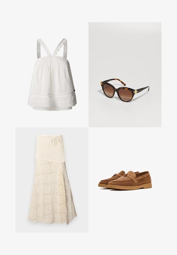 Witte katoenen top met smockdetail, kantafwerking aan de onderrand en verstelbare geruite bandjes. Lichtgewicht stof, ontspannen pasvorm.; Gehaakte rok met een getextureerde romige bovenkant en een ondersection met een ingewikkeld vierkant patroon. Verstelbare strik bij de taille.; Bruine suède instappers met een platte zool, voorzien van een decoratieve strik en subtiele stiksels. Rond ontwerp van de neus.; Schildpadbril met een vlindervorm, vergrote bruin gekleurde lenzen en gouden accenten aan de voorkant, met slanke armen met een glanzende afwerking.