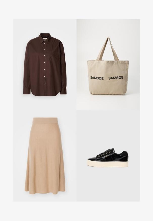 Ruda mygtukinė marškinė iš medvilnės, su ilgomis rankovėmis, krūtine kišene, baltais mygtukais ir klasikiniu apykaklės dizainu.; Bežinė mezginio, plačią apykaklę turinti sijonas, turintis platus elastingas juostas ir lygų paviršių. Iki kelių, su paprastu, be puošmenų dizainu.; Juodi lakinės odos sportbačiai su plokščiu kreminiu padu. Turi juodus raištelius, auksines akutes ir logotipo detalę šone. Apvalaus piršto dizainas.; Šviesiai ruda drobinė rankinė su dviem juodais spausdintais "SAMØE" logotipais. Yra tvirtos šviesiai rudos petnešos ir paprastas, struktūrizuotas dizainas.