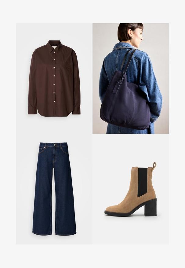 Cămașă maro cu nasturi din material de bumbac, având mânecă lungă, un buzunar pe piept, nasturi albi și un design clasic al gulerului.; Jeans din denim bleu închis, cu talie înaltă și picioare largi, prevăzute cubuzunare frontale și închidere cu nasture. Prezintă cusături contrastante și o textură netedă.; BOSS CAMY - Botine clasice - medium beige; Geantă de umăr din pânză navy cu o formă moale și structurată, având o curea neagră, detalii cusute și un eticheta mică a brandului.