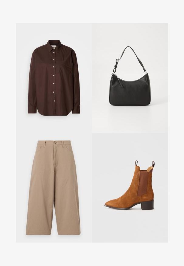 Rjava srajca z gumbi iz bombažne tkanine, ki vključuje dolge rokave, žep na prsih, bele gumbe in klasičen dizajn ovratnika.; Bež široke hlače iz bombaža, z visokim pasom, sprednjimi žepek in enim gumbom za zapiranje. Gladka tekstura in ravna kroja.; Rjavi nubuk srednji čevelj z usnjeno konico, elastičnimi stranskimi paneli in nizko blokasto peto. Ima zanko za lažje obuvanje.; Črna usnjena torba za roke s ukrivljenim oblikom, enim trakom, zadrgo in diskretnim blagovnim znamkom na sprednjem delu. Gladka tekstura, minimalističen dizajn.