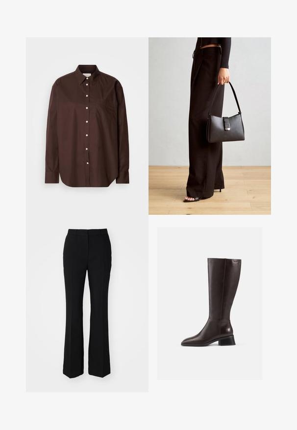 Barna gombos ing pamut anyagból, hosszú ujjal, mellzsebellyel, fehér gombokkal és klasszikus gallérkialakítással.; Fekete, szabott nadrág, amely harang alakú. Simító anyagból készült, elülső hajtásokkal és lapos derékkal. Nincsenek látható zsebek.; Térdfeletti barna bőrcipők sima felülettel, lekerekített orral és fekete, rétegelt sarokkal. Egyszerű dizájn minimális fémszerelvényekkel.; Fekete kézi táska strukturált formával, sima textúrával és fémből készült záródással. Széles fekete nadrággal és nyitott orrú szandállal párosítva, fából készült padlón.