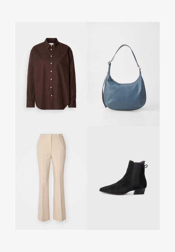 Smeđi košulja na dugmad od pamučnog materijala, s dugim rukavima, džepom na prsima, bijelim dugmadi i klasičnim dizajnom ovratnika.; GANT FLARE SLACK - Hlače - dry sand; Crne antilop čizme do članaka s oštrim vrhom, elastičnim bočnim panelima i niskom blok petom. Glatka tekstura s trakom za povlačenje na leđima.; Plava kožna torba u obliku kruške, s jednim remenom za rame, zatvaranjem na patentni zatvarač i utisnutim nazivom brenda sprijeda. Glatka tekstura.