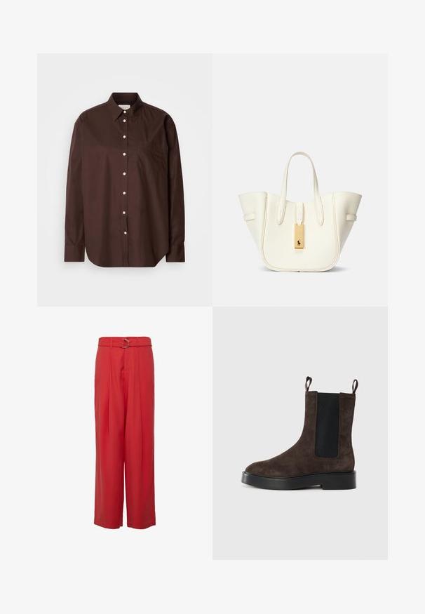 Pruun nööbitav särk puuvillasest kangast, millel on pikad varrukad, rinna-tasku, valged nööbid ja klassikaline krae.; Punased laiad püksid, mis on valmistatud kergest kangast, omavad kõrget vööd koos vööga ja hõbedast detailidega, samuti esiõmblusi.; Pruun nubukist pahkluu saabas elastsete külgpaneelide ja tõmbenuppudega. Omab ümarat varbaosa ja paksu musta kontsa stabiilsuseks.; Valge nahast ostukott, millel on struktureeritud kuju, silmapaistvad õmblused, kuldne metallist silt ja kaks käepidet. Tekstuuriga pind ja külgpockets.