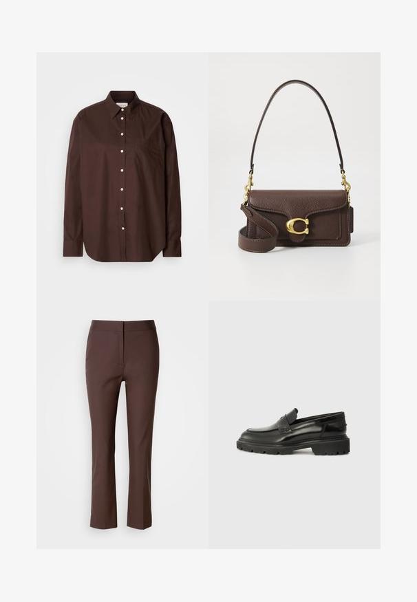 Brun knap-up skjorte i bomuldsstof, med lange ærmer, en brystlomme, hvide knapper og et klassisk kravedesign.; Brune skræddersyede bukser med smal pasform, der har flad front, subtile sidelommer og et glat, let strækbart stof.; Sorte læderslips-on sko med rund tå, tyk struktureret sål og diskret syning. Har et lille logo på bagsiden.; Brun tekstureret lædertaske med en guldfarvet spænde, justerbar rem og klaplukning. Inkluderer et lille vedhæftet tag for ekstra detaljer.
