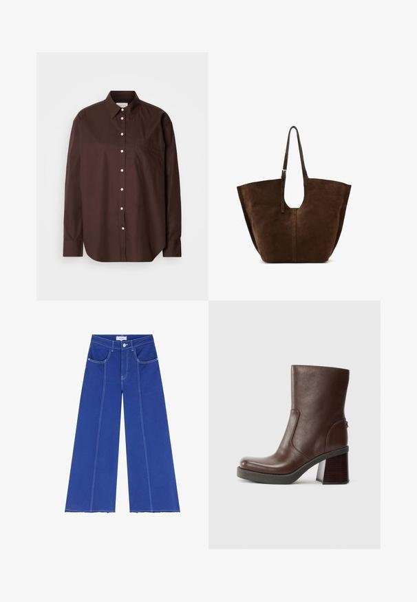 Brun skjorta med knappar i bomullstyg, med långa ärmar, en bröstficka, vita knappar och en klassisk kragsdesign.; Scalpers STITCHING - Flared jeans - blue; Brun läderankelsko med rund tå, slät yta och kraftig träklack. Sidsömdetalj och subtil lyster.; Brun mockaskinns tote-väska med en bred kropp, öppen topp och enkel design, som har långa läderremmar och en utskärningsdetalj på handtaget.