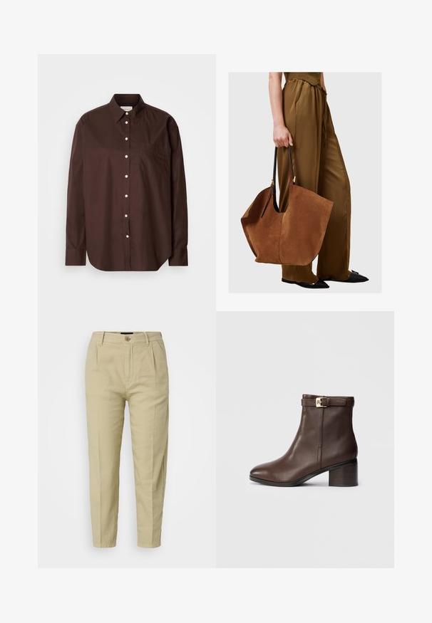 Camicetta marrone in tessuto di cotone, con maniche lunghe, taschino sul petto, bottoni bianchi e un design del colletto classico.; Pantaloni in cotone beige con vestibilità rilassata, dotati di pieghe frontali, chiusura con bottone e tasche laterali, progettati con gambe affusolate.; Stivale alla caviglia in pelle marrone con punta arrotondata, tacco basso a blocco e una fascia decorativa con fibbia attorno alla caviglia. Texture liscia e design elegante.; Borsa tote in suede marrone con manici in pelle nera, caratterizzata da una forma ampia e morbida e un design minimalista, tenuta da una persona in pantaloni marroni.