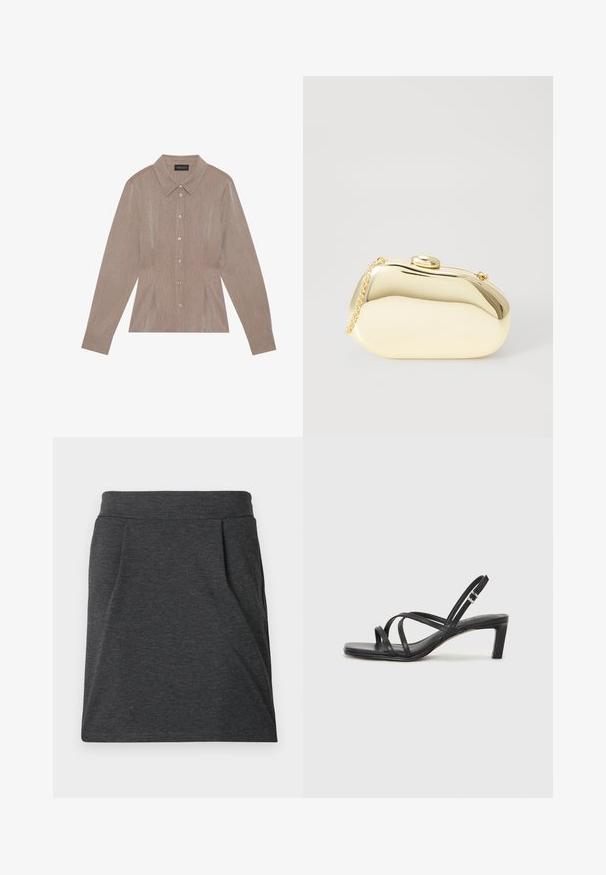 Cămașă maro cu mânecă lungă, guler, model cu dungi verticale, închidere cu butoane pe față și cusături laterale cu pliuri.; Fustă din material gri închis, cu talie ajustată, având plii pentru un plus de textură. Design drept, detalii de coasere minime și fără modele.; Sandal cu barete negre, cu vârf pătrat și toc mic de bloc. Prezintă mai multe barete subțiri și o bareta ajustabilă la gleznă. Fabricat din piele netedă.; Clutch metalizat de culoare aurie, cu o formă netedă și rotundă, având un închizător tip buton în partea de sus și o curea mică pentru purtare.