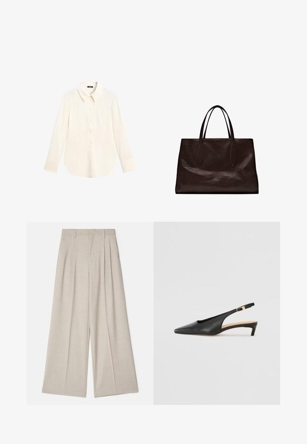 Langärmlige, elfenbeinfarbene Bluse mit einem Spitzkragen, vorderem Knopfverschluss und leicht abgerundetem Saum. Hergestellt aus glattem, leichtem Stoff.; Beige weit geschnittene Hose mit glatter Textur, Frontfalten, flachem Bund und maßgeschneidertem Design für eine lockere Passform.; Schwarze Leder Slingback-Pumps mit spitzer Zehe, niedrigem Absatz und verstellbarem Knöchelriemen mit einer goldfarbenen Schnalle. Glatte Textur.; Massimo Dutti Handtasche - brown