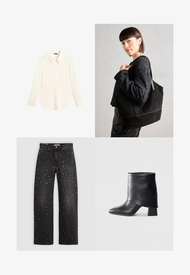 Hedvábná blůza s dlouhým rukávem v slonovinové barvě, s límečkem, předním zapínáním na knoflíky a mírně curved lemem. Vyrobená z hladkého, lehkého materiálu.; Černé džíny z denimu s volným střihem, zdobené rozptýlenými stříbrnými, zlatými a bílými tečkami. Navrženo s klasickými kapsami a kovovými detaily.; Černá kožená kotníková bota s špičatou špičkou, hladkým povrchem a pevně strukturovaným blokovým podpatkem. Disponuje vysokým, skládacím manžetovým designem.; Černá semišová taška přes rameno s hladkým povrchem, strukturovaným tvarem a kontrastním prošíváním. Má dlouhé popruhy pro nošení přes rameno.