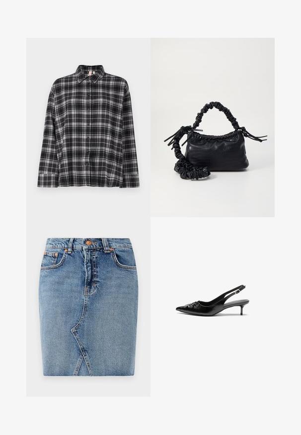 Melnā un pelēkā krāsā raibā krekls ar pogām, apkakli, garām piedurknēm un brīvu piegriezumu. Audums izskatās mīksts ar vieglu tekstūru.; Denim svārki vidēji zilā krāsā, ar pieguļošu dizainu, priekšējām kabatām un diagonālu šuvju detaļu. Standarta josta ar metāla pogu aizdari.; Melni ādas sandales ar norādītu pirkstu, mazu kaķa papēdi un dekoratīvu mezglu detaļu priekšā. Gluda tekstūra visā virsmā.; Melnā mākslīgās ādas rokassoma ar krokodila rakstu, savilkta augšdaļa un saburzīta siksna. Izskatās mīksta un kompakta pēc dizaina.