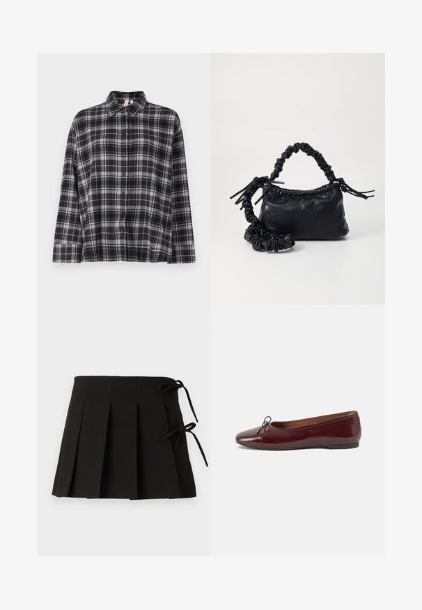 Črna in siva karirana srajca s kratkimi rokavi, ovratnikom in sproščenim krojem. Tkanina se zdi mehka z rahlo teksturo.; Črna plisirana krila z bočnimi vezavami, izdelana iz blaga gladke teksture; ima strukturirano zasnovo in čiste linije.; Burgundska patenti usnjeni baletni čevlji z zaobljenim prstom, majhnim lokom na sprednji strani in nizkim črnim gumijastim podplatom. Gladka tekstura.; Črna torbica iz umetnega usnja s krokodilovo teksturo, z zvitim vrhom in zmečkano naramico. Zdi se mehka in kompaktna v oblikovanju.