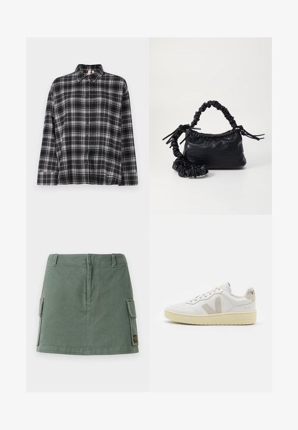Černá a šedá kostičkovaná košile s límečkem, dlouhými rukávy a volným střihem. Tkanina vypadá měkce s mírnou strukturou.; Zelená denimová sukně s přiléhavým pasem, dvěma bočními kapsami a nášivkou v dolním pravém rohu. Hladká textura s jemným leskem.; Bílé kožené tenisky s béžovými semišovými akcenty, perforovanou špičkou, plochými tkaničkami a strukturovanou krémovou podešví. Obsahují jemné logo na patě.; Černá kabelka z umělé kůže s krokodýlím vzorem, staženým vrškem a zmačkaným popruhem. Zdá se, že má měkký a kompaktní design.