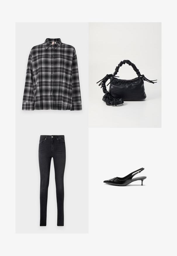 Mustvalge ja halli ruudulise mustriga nööpidega särk, millel on krae, pikad varrukad ja lõdva istuvus. Kangas näeb välja pehme ning kergelt tekstuuriga.; Mustad slim-fit teksapüksid viie taskuga ja nööpehaga, esitatud lihtsa valge tausta ees.; Musthave nahkased kõrged kontsad, millel on terav varvas, väike kitten-kont ja dekoratiivne sõlm ees. Ühtlane sile tekstuur.; Must must sünteetilisest nahast käekott, millel on krokodillimuster, kokku tõmmatav ülaosa ja kortsus rihm. Tundub pehme ja kompaktne disain.
