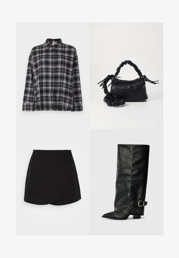 Melnā un pelēkā krāsā raibā krekls ar pogām, apkakli, garām piedurknēm un brīvu piegriezumu. Audums izskatās mīksts ar vieglu tekstūru.; Melna apvārdojoša svārku ar gludu tekstūru, ar izliekta apakšmalu un smalkiem šuvju akcentiem. Veidots pieguļošam siluetam.; Melni ādas potītes zābaki ar asu purngalu, gludu virsmu un sudraba sprādzi uz sāniem. Masīvs kvadrātveida papēdis.; Melnā mākslīgās ādas rokassoma ar krokodila rakstu, savilkta augšdaļa un saburzīta siksna. Izskatās mīksta un kompakta pēc dizaina.