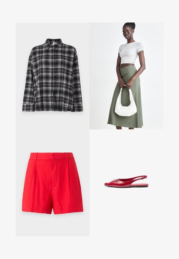 Svart og grå rutete skjorte med krage, lange ermer og avslappet passform. Stoffet ser mykt ut med en lett tekstur.; Røde linshorts med en skreddersydd design, som har folder, en glatt tekstur og en mid-rise livlinje.; Rød lær slingback leplesko med spiss tå og dekorativ snøring foran, med en smal ankelrem og flat såle.; Grå ribbet topp og olivengrønn høy midje skjørt. Modellen holder en hvit skulderveske med utskjæringsdetaljer. Enkelt design, tettsittende silhuett.