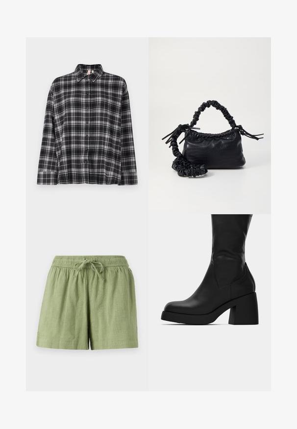 Črna in siva karirana srajca s kratkimi rokavi, ovratnikom in sproščenim krojem. Tkanina se zdi mehka z rahlo teksturo.; Svetlo zelene bombažne kratke hlače z elastičnim pasom in vrvico za zategovanje. Imajo stranske žepke in teksturirano površino tkanine.; Črne usnjene škornje do meč s debelim blokastim petami in okroglo konico, prikazane s stranske strani na belem ozadju.; Črna torbica iz umetnega usnja s krokodilovo teksturo, z zvitim vrhom in zmečkano naramico. Zdi se mehka in kompaktna v oblikovanju.