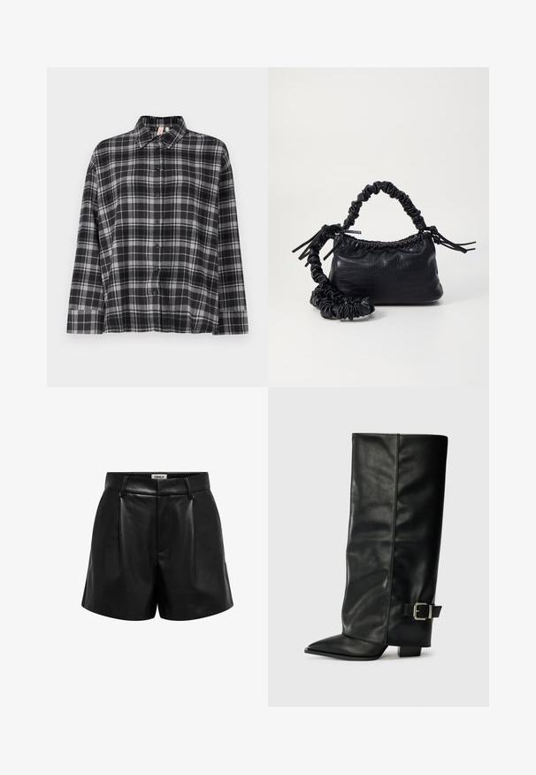 Svart och grå rutmönstrad skjorta med knappar, krage, långa ärmar och avslappnad passform. Tyget verkar mjukt med en lätt textur.; Svart fusk läder högmidjade shorts med bältesöggor, framveck och en dold dragkedjeslutning, märkt "ONLY" inuti midjebandet.; Svarta läderstövlar i ankellängd med spetsig tå, slät yta och en silverfärgad spänne på sidan. Kraftig fyrkantig klack.; Svart faux läderhandväska med krokodiltextur, snodd topp och en skrämd rem. Ser mjuk och kompakt ut i designen.