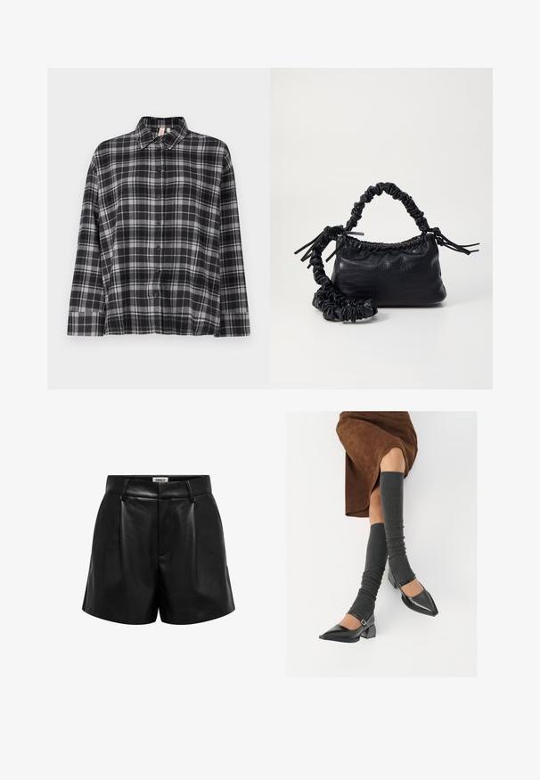 Crna i siva karirana košulja dugih rukava s ovratnikom i opuštenim krojem. Tkanina izgleda meko s blagom teksturom.; Crne visoke hlače od umjetne kože s petljama za remen, prednjim naborima i skrivenim zatvaračem, s oznakom "ONLY" unutar pojasa.; Crne lakirane cipele s šiljastim prstima, blok-petom i remenom oko gležnja, uparene s sivim rebrastim čarapama do koljena i smešnom suknjom od antilopa.; Crna torba od umjetne kože s teksturom krokodila, s cinčanim vrhom i naboranom trakom. Izgleda mekano i kompaktno u dizajnu.