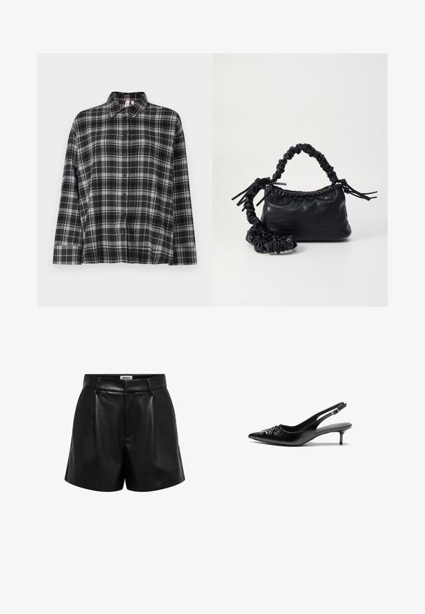 Black and gray plaid button-up shirt with a collar, long sleeves, and a relaxed fit. Fabric appears soft with a slight texture.; Black faux leather high-waist shorts with belt loops, front pleats, and a concealed zipper closure, labeled "ONLY" inside the waistband.; Black leather slingback heels with a pointed toe, small kitten heel, and a decorative knot detail on the front. Smooth texture throughout.; Black faux leather handbag with a crocodile texture, cinched top, and a scrunched strap. Appears soft and compact in design.