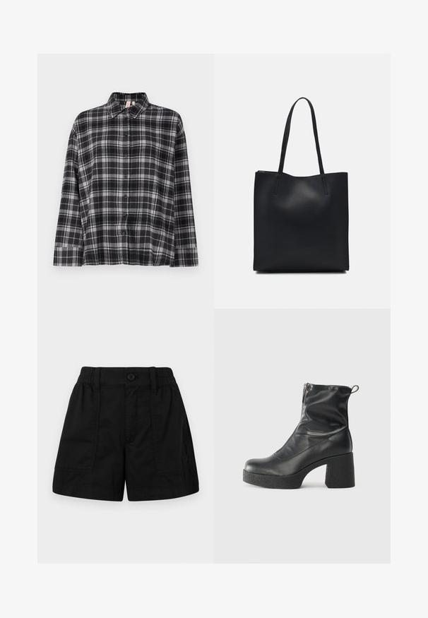 Black and gray plaid button-up shirt with a collar, long sleeves, and a relaxed fit. Fabric appears soft with a slight texture.; Black cotton shorts with an elastic waistband and a button closure, featuring two front pockets and a straight cut. Smooth texture.; Black ankle boots made of smooth leather, featuring a side zipper, chunky textured heel, and rounded toe design.; Black leather tote bag with smooth texture, rectangular shape, and two long handles. No visible hardware or embellishments.