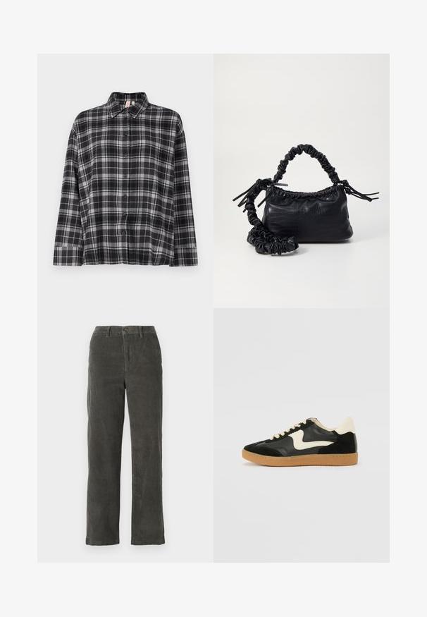 Melnā un pelēkā krāsā raibā krekls ar pogām, apkakli, garām piedurknēm un brīvu piegriezumu. Audums izskatās mīksts ar vieglu tekstūru.; Pelēkās korduroja bikses ar jostasvietu, priekšējo pogu aizdari un divām sānu kabatām. Taisna piegriezuma dizains un ribota tekstūra.; Melna zamšāda un ādas sporta apavi ar krēmkrāsas sānu svītru un gaiši krēmkrāsas papēdi. Ar beigu krāsas auklām un gumijas zole.; Melnā mākslīgās ādas rokassoma ar krokodila rakstu, savilkta augšdaļa un saburzīta siksna. Izskatās mīksta un kompakta pēc dizaina.