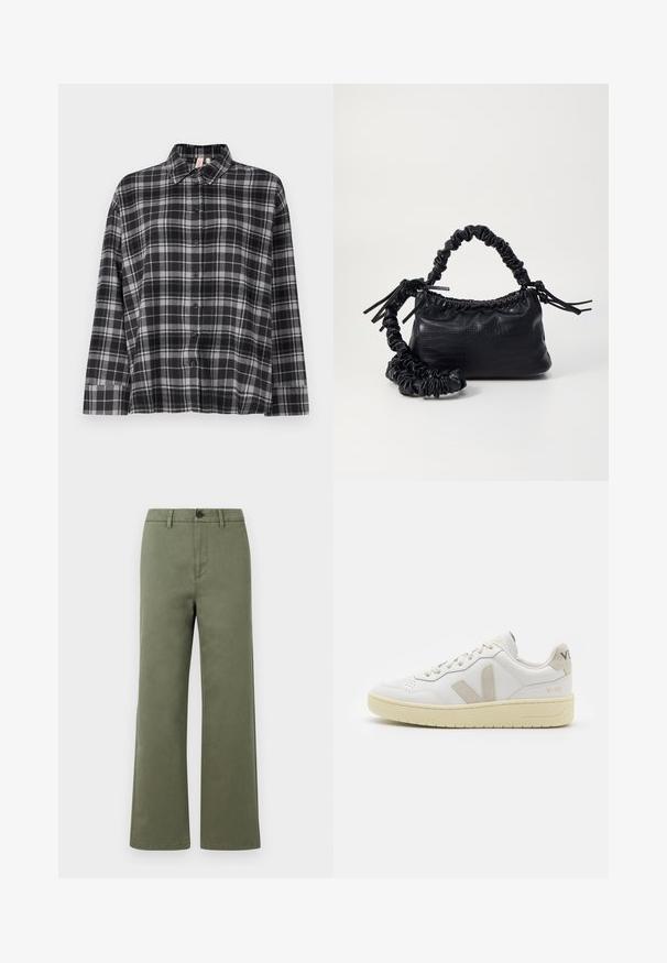 Juodos ir pilkos langeliais marškiniai su apykakle, ilgomis rankovėmis ir laisva danga. Audinys atrodo minkštas su lengva tekstūra.; Olive spalvos tiesios kojos kelnės su diržo kilpomis, mygtuko uždarymu ir priekine užtrauktuko kišene ant vientiso balto fono.; Balti odiniai sportbačiai su kreminiais zomšos akcentais, perforuota pirštų dalimi, plokščiomis raišteliais ir struktūruota kreminėmis padomis. Ant kulno yra subtilus ženklinimas.; Juodas dirbtinės odos rankinė su krokodilo tekstūra, sušnibždinta viršuje ir susikraipytu dirželiu. Atrodo minkšta ir kompaktiška.