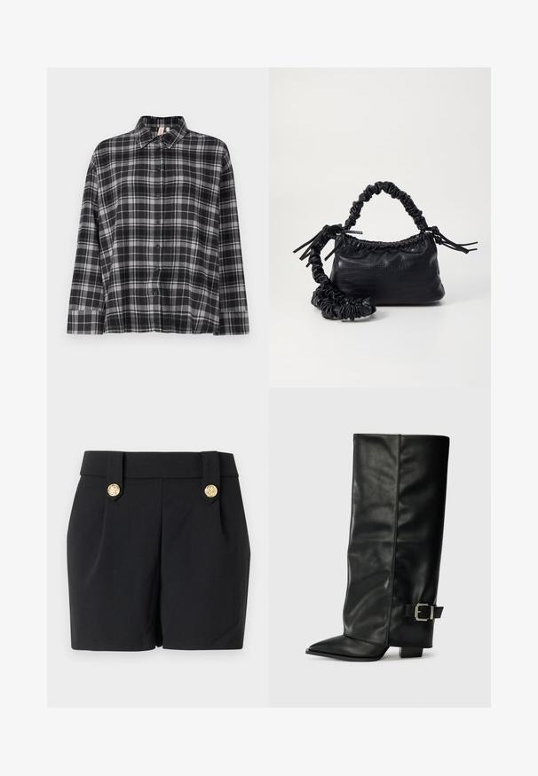 Cămașă cu carouri negre și gri, cu guler, mâneci lungi și croială lejeră. Materialul pare moale, cu o textură ușoară.; Șorturi negre cu un design personalizat, dotate cu nasturi decorativi aurii și o textură netedă. Fără buzunare sau cusături vizibile.; Botine din piele neagră, până la gleznă, cu vârf ascuțit, textură netedă și un accent cu cataramă argintie pe lateral. Toc pătrat masiv.; Geantă din faux leather neagră cu textură de crocodil, cu partea superioară strânsă și o curea mototolită. Pare moale și compactă ca design.