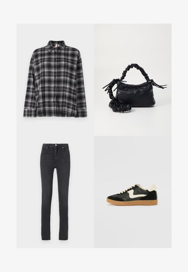Camisa de cuadros en negro y gris, con cuello, mangas largas y un ajuste relajado. La tela parece suave con una ligera textura.; Pantalones vaqueros negros ajustados de cintura alta, hechos de denim elástico, con pasadores para cinturón, costuras mínimas y un diseño clásico de cinco bolsillos.; Zapatillas de deporte de ante y cuero negro con un swoosh lateral en crema y un talón en crema claro. Presenta cordones beige y una suela de goma marrón.; Bolso de mano de imitación cuero negro con textura de cocodrilo, parte superior fruncida y correa arrugada. Presenta un diseño suave y compacto.
