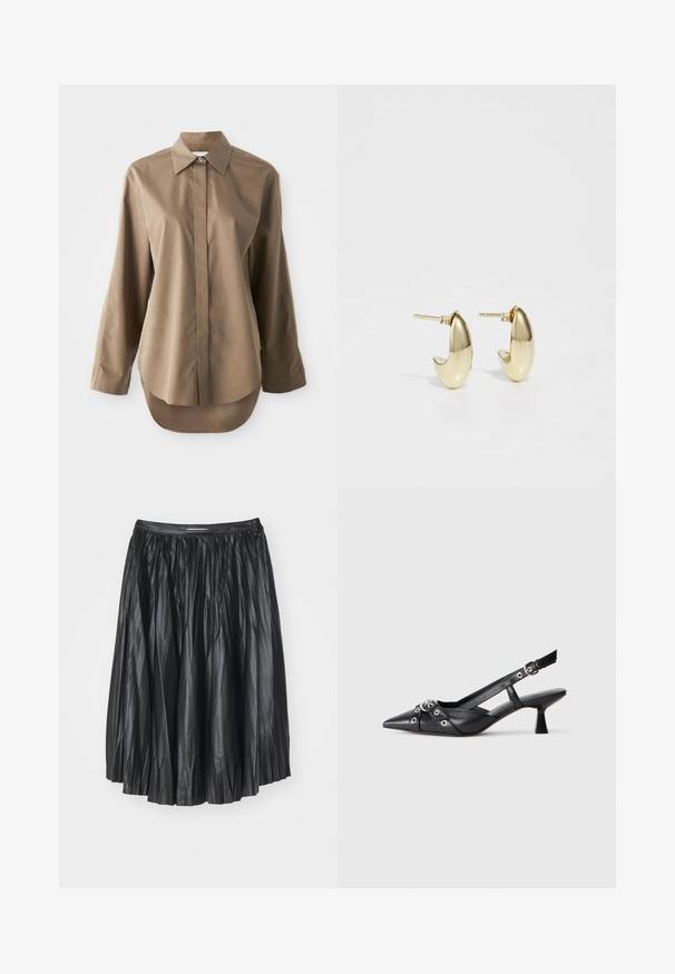 Cămașă lungă maro cu mâneci lungi, dintr-un material neted, având un guler ascuțit, închidere cu nasturi în față și un tiv rotund în partea din spate.; Fustă plisată neagră din piele netedă, cu un elastic la talie, având linii verticale și o siluetă evazată.; Pantofii slingback din piele neagră, cu vârful ascuțit, curele decorative cu ochiuri din metal și toc bloc mic. Suprafață texturată.; Cercei din metal de culoare aurie, cu un design elegant și curbat, având o suprafață lustruită și strălucitoare și un sistem de închidere sigur cu piuliță.