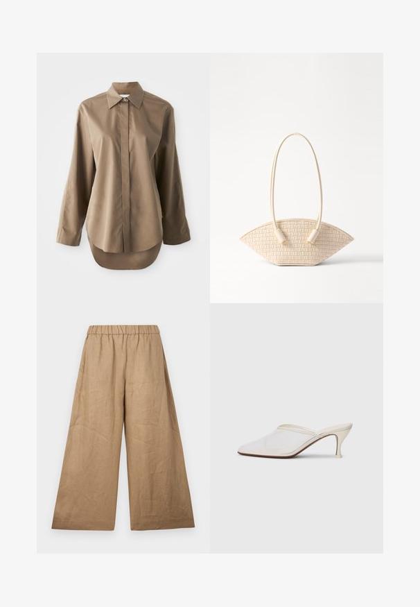Bruine langwerpige overhemd met lange mouwen, gemaakt van gladde stof, met een puntkraag, knoopsluiting aan de voorkant en een ronde zoom aan de achterkant.; Linnen wijde broek in een lichtbruine tint, met een geplooide elastische tailleband en een gladde, gestructureerde afwerking.; Witte mesh puntige muiltjes met een slanke hak van middelgrote hoogte en een slip-on ontwerp, tegen een effen achtergrond.; Geweven beige handtas met een unieke gebogen vorm, voorzien van twee getextureerde handvatten en cilinder-vormige hardwareaccenten.