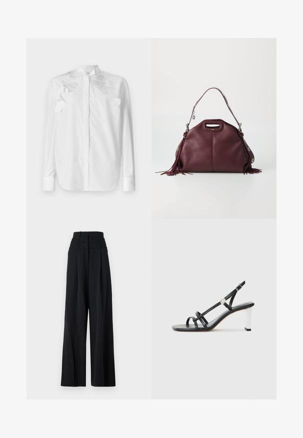 White long-sleeve shirt in cotton with a mandarin collar. Features layered ruffle accents on the shoulders and button closure at the front.; Black wide-leg pants with a high waist, featuring pleats at the front and a smooth texture. No visible logos or patterns.; Black heeled sandals with multiple narrow straps, a slingback design, and a silver accent on the heel. Smooth upper material and square heel.; Burgundy leather handbag with a rounded shape, top handle, silver hardware accents, and fringe detail on the sides.