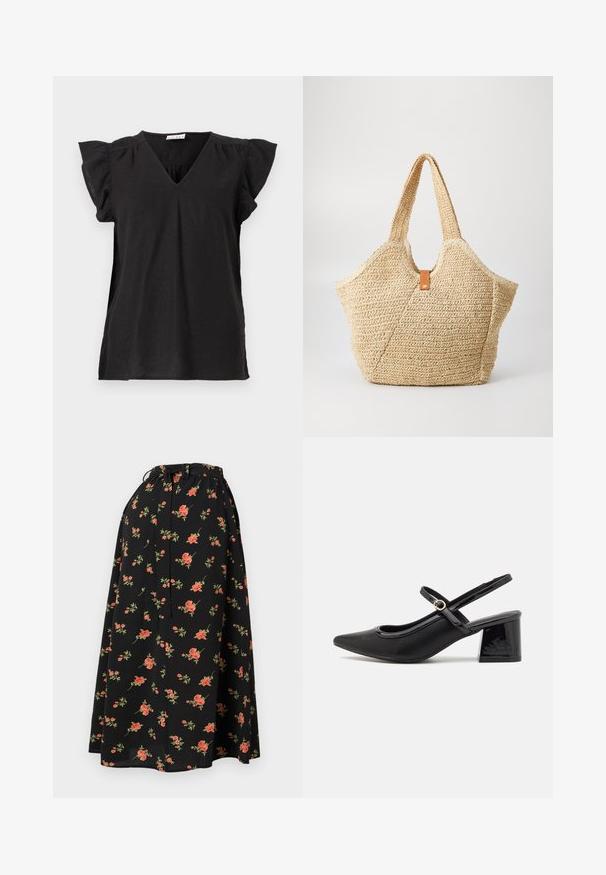 T-shirt preta de decote em V com mangas curtas e franzidas. Feita de um tecido leve, apresenta um corte descontraído e uma leve caimento.; Saia floral preta com cintura ajustável por cordão, apresentando padrões de flores em vermelho e verde e uma textura leve e fluida.; Sabrinas de cerâmica preta com salto bloco, bico apontado e um design com recortes arredondados. Apresenta um detalhe em fivela de tom dourado.; Grande bolsa de palha com um exterior texturizado em bege e duas alças largas. Apresenta uma alça de couro para fecho.