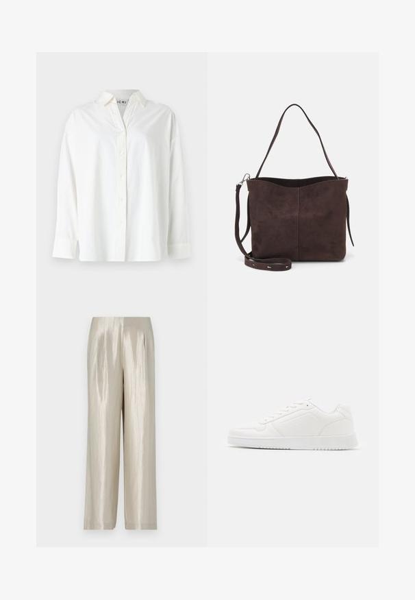 Camisa blanca de botones hecha de algodón. Presenta un cuello con solapa, mangas largas y un corte relajado. Textura suave sin patrones visibles.; Pantalones de satén en un tono beige claro con una textura suave, con una cintura alta, piernas anchas y sutiles plisados para un detalle añadido.; Zapatilla blanca hecha de material sintético liso, con puntera redondeada, diseño de cordones, suela plana y sutiles detalles perforados.; Bolso tote de ante marrón con una textura suave, que presenta una sola correa para el hombro y una sutil apertura curva en la parte superior. Sin detalles de herrajes visibles.