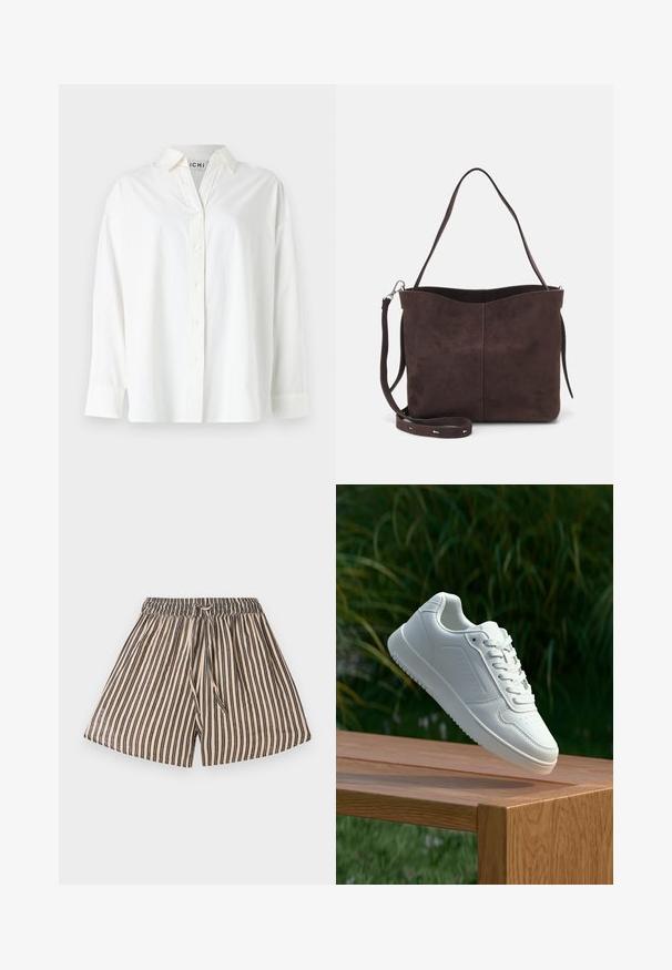 White button-up shirt made of cotton. Features a collared neckline, long sleeves, and a relaxed fit. Smooth texture with no visible patterns.; Striped shorts with an elastic waistband, featuring vertical lines in beige and navy blue. Soft fabric, casual design, and front tie detail.; White sneaker with a smooth synthetic upper, perforated toe box, flat laces, and a textured sole, displayed on a wooden surface.; Brown suede tote bag with a soft texture, featuring a single shoulder strap and a subtle curved top opening. No visible hardware details.