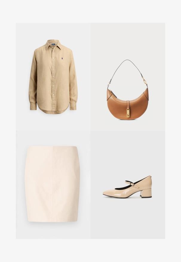 Camisa bege de manga comprida com botões, colarinho pontudo e pequeno logótipo bordado em azul-marinho no lado esquerdo do peito.; Saia bege justa com uma textura suave e linhas limpas. Apresenta uma cintura de altura média e uma silhueta reta. Sem fechos ou adornos visíveis.; Sapatos Mary Jane de pele envernizada bege com bico falso, alça com fivela e salto bloco de altura média. Textura lisa com um acabamento brilhante.; Bolsa de couro castanho-claro com um formato curvado, detalhes em ouro e uma alça de ombro fina. Apresenta um fecho de zipper e um detalhe de logótipo na parte frontal.
