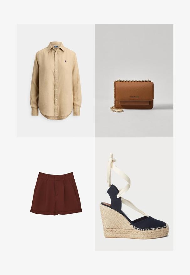 Beżowa koszula na długi rękaw na zatrzaski, z ostro zakończonym kołnierzykiem i małym granatowym haftowanym logo na lewej piersi.; Bordowe szorty wykonane z gładkiego materiału, charakteryzujące się klasycznym krojem z płaskim przodem, kieszeniami po bokach i wywiniętym brzegiem.; Granatowe sandały na koturnie z płóciennym wierzchem, z plecioną podeszwą z juty i kremowymi wstążkami wiązanymi wokół kostki. Zapięty tył i okrągły czubek.; Brązowa skórzana torba na ramię z teksturą, z złotym łańcuszkiem i zapięciem na klapkę. Z przodu znajduje się detal z logo oraz kieszeń pod klapką.