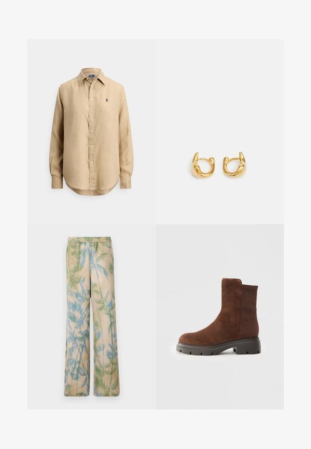 Beige long-sleeve button-up shirt with pointed collar and small navy blue embroidered logo on the left chest.; Relaxed-fit, lightweight trousers in beige with green and blue palm leaf prints, featuring an elasticated waistband and wide legs.; Brown suede ankle boot with elastic side panels, rounded toe, and a thick rubber sole featuring a textured tread pattern.; Gold hoop earrings featuring a smooth, rounded design with a polished finish. The earrings have a compact, chunky shape and a seamless clasp.
