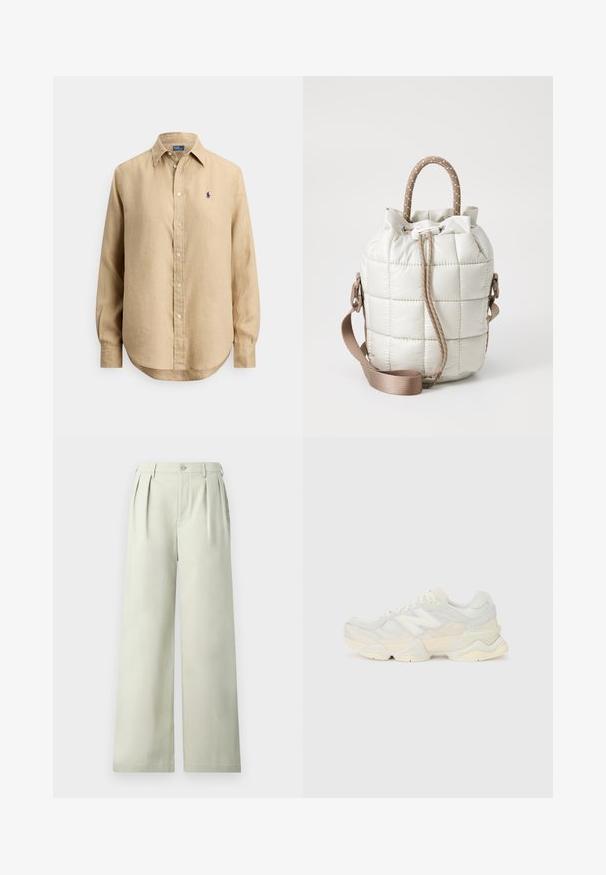 Beige langermet skjorte med knapper, spiss krage og lite marineblått brodert logo på venstre bryst.; Lys grønn vide bukser laget av glatt stoff, med legg, en enkel knapp i midjen og en ren kutt.; Lett sneaker med en overdel i mesh og semsket skinn i myke kremtoner, med en kraftig såle og tredimensjonale detaljer.; Quiltet lys beige veske med snøring i toppen, med en flettet håndtak og avtagbar stropp. Glatt tekstur med myk glans.