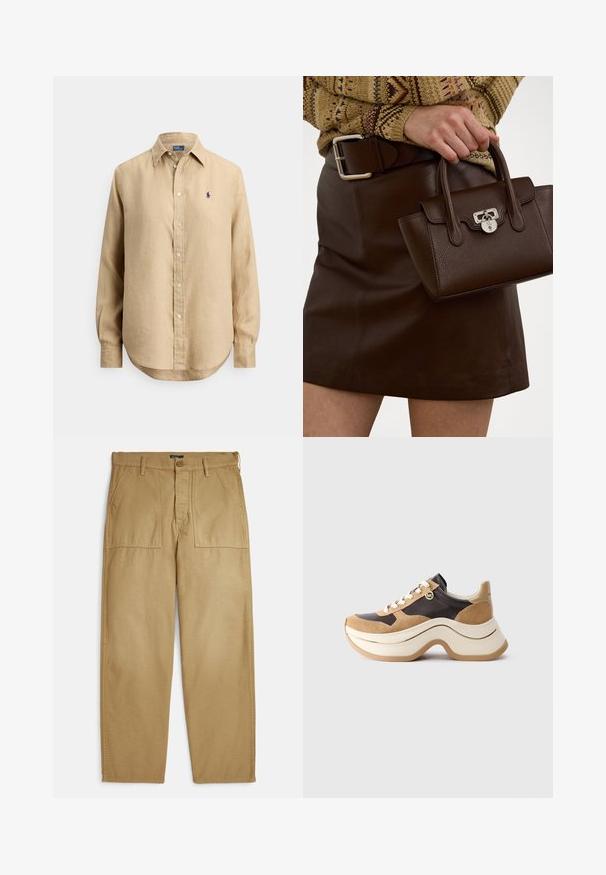 Beige langermet skjorte med knapper, spiss krage og lite marineblått brodert logo på venstre bryst.; Khaki chinos med rette ben, to sidelommer, knappelukking og en teksturert stofffinish.; Chunky sole sneaker i beige og mørk brun med suedesatser, hvite snøringer og en liten gull MK-charmside.; Brun skinnveske med strukturert overflate og sølvfarget hardware, holdt med en hånd ved siden av et brun skinnskjørt og et mønstrete genser.