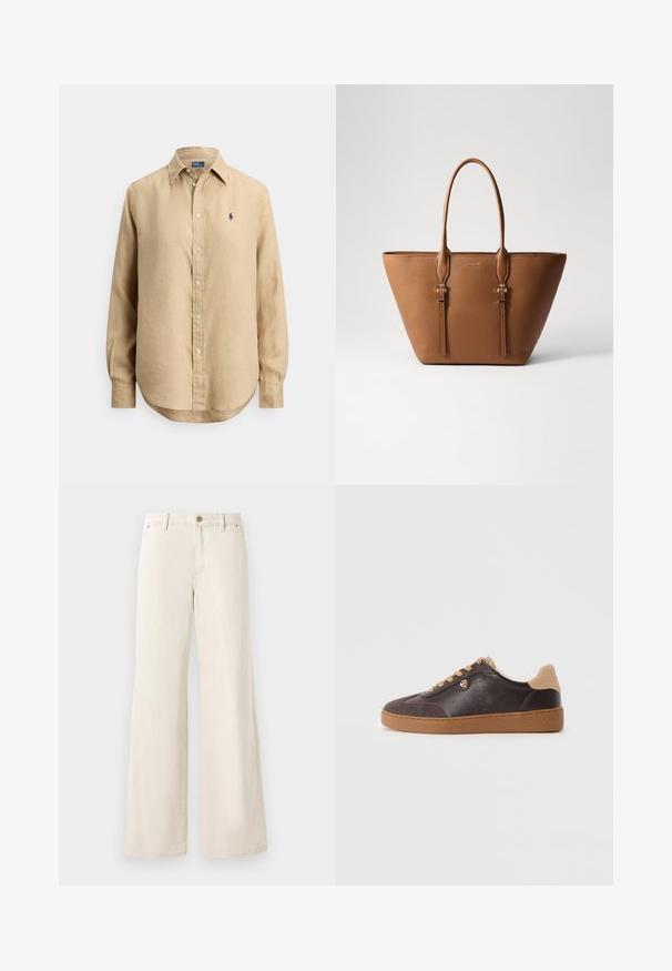 Beige long-sleeve button-up shirt with pointed collar and small navy blue embroidered logo on the left chest.; Beige wide-leg pants made of cotton with a smooth texture. Features a button closure, front pockets, and a classic waistband design.; Dark brown leather and suede sneaker with tan laces and sole, gold logo accent, and "Michael Kors" embossed on the sole.; Brown leather tote bag with textured surface, tapered shape, two sturdy handles, and decorative gold-tone hardware accents.